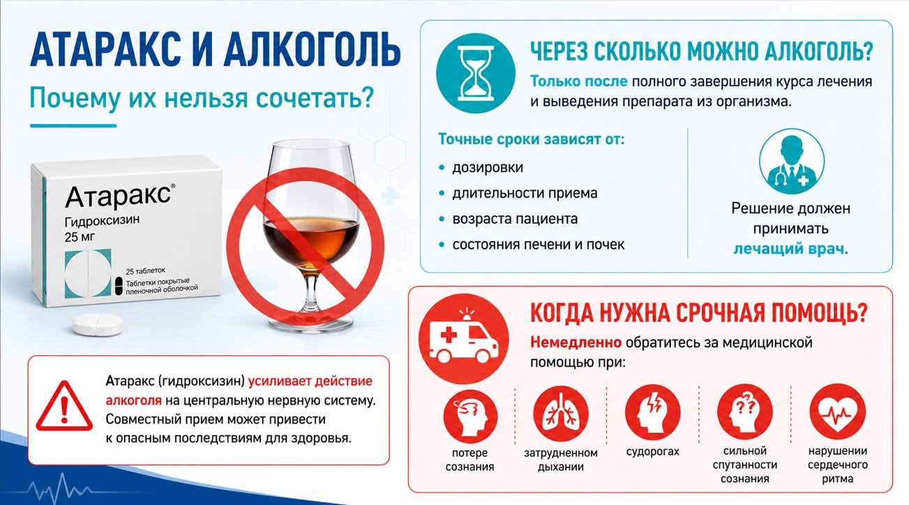 Инфографика на тему сочетания атаракса и алкоголя