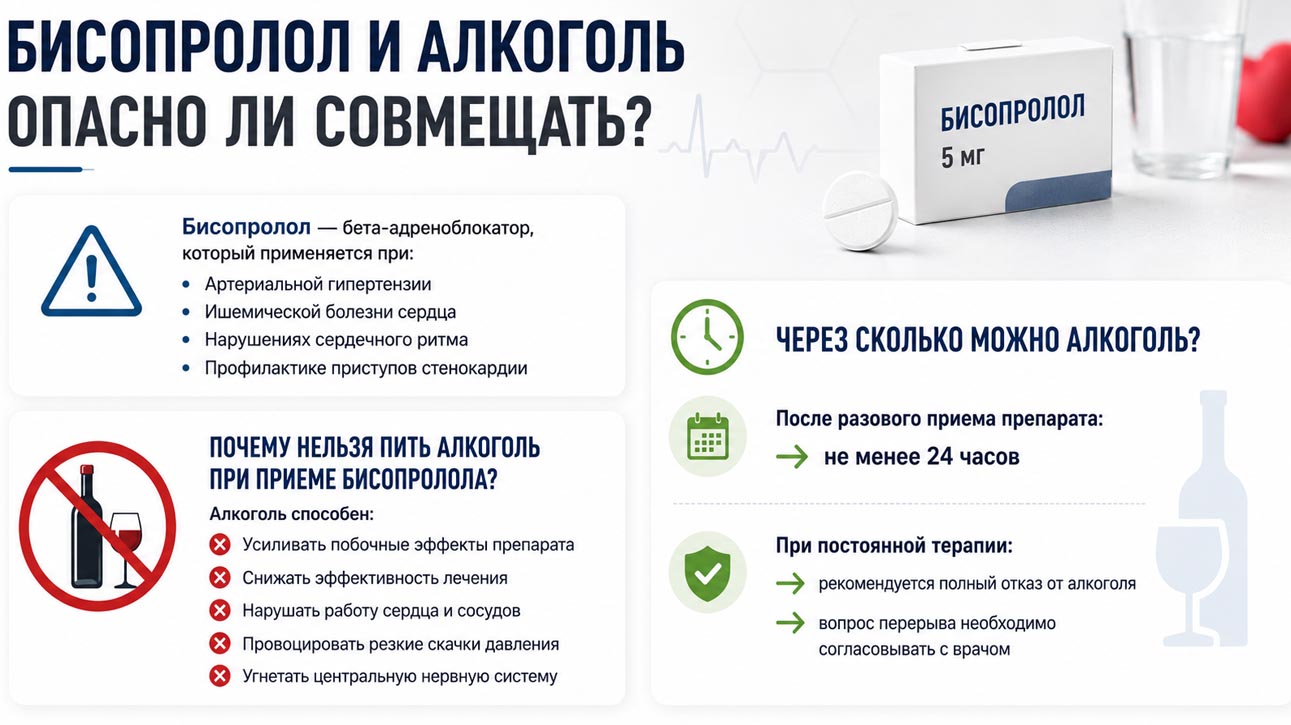 Инфографика о совместимости бисопролола и алкоголя