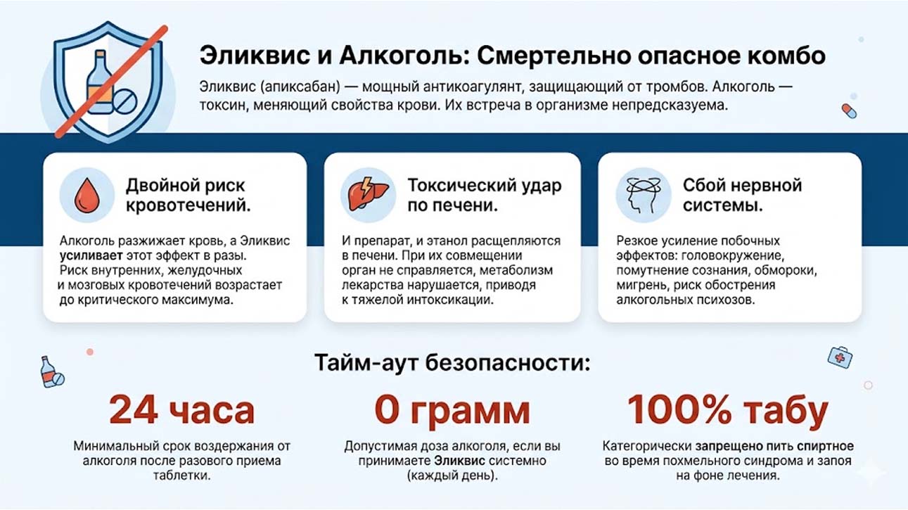 Инфографика о совместимости препарата эликвис и алкоголя