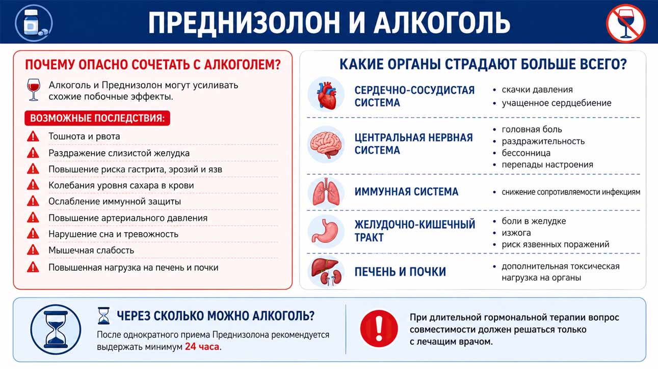 Инфографика о совместимости преднизолона и алкоголя