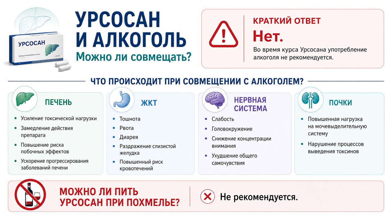 Инфографика на тему сочетания урсосана и алкоголя