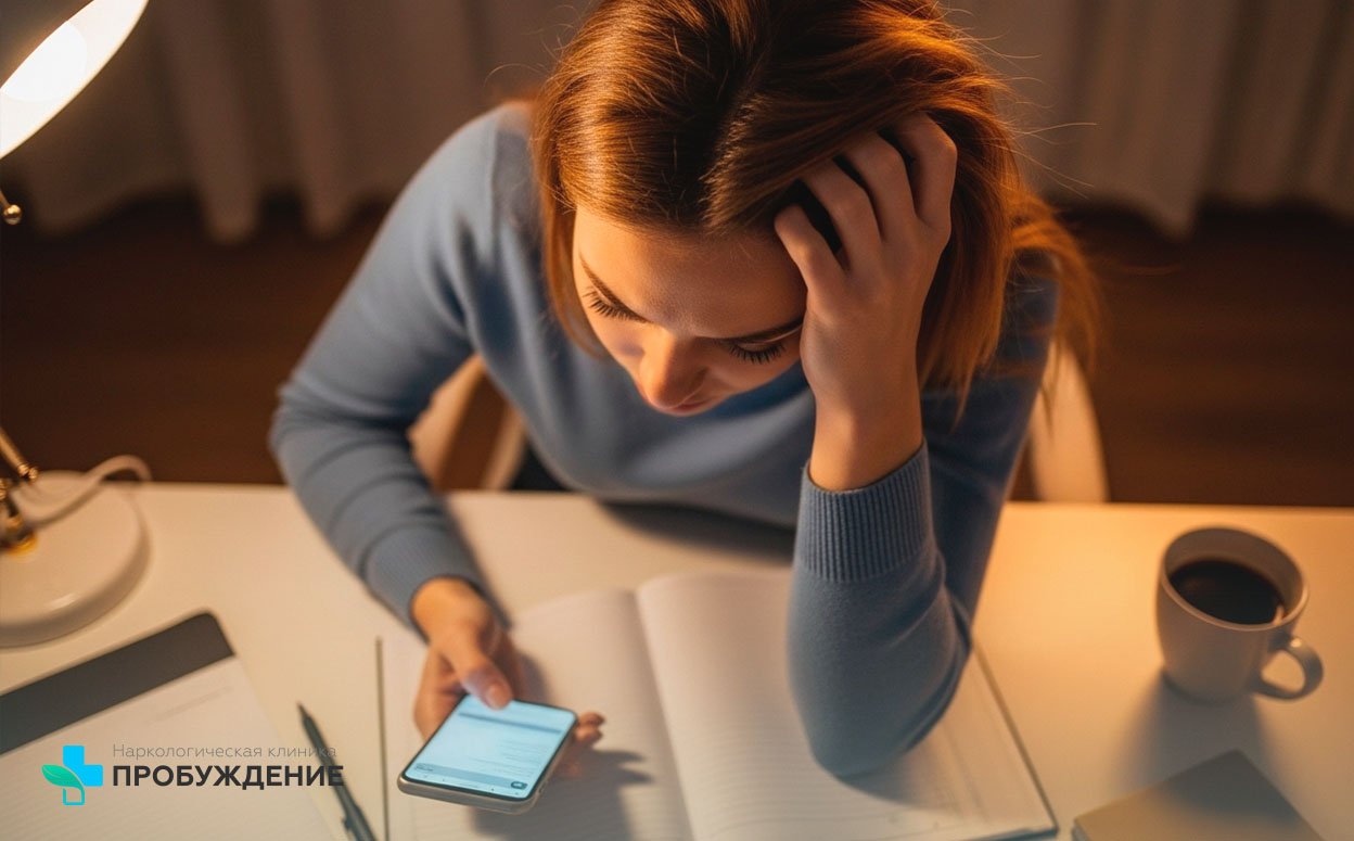 Девушка нервно смотрит в телефон и держится за голлову